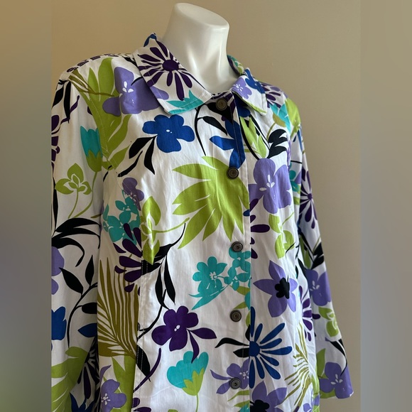 SUSAN GRAVER White W Purple Green Blues Floral Print Metal Buttons Jacket SZ 3X - Picture 4 of 13